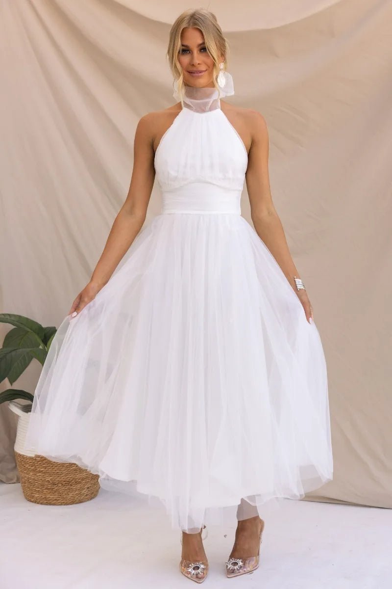 Women's Halter Neck Tulle Fall Midi Dress Flowy A-Line