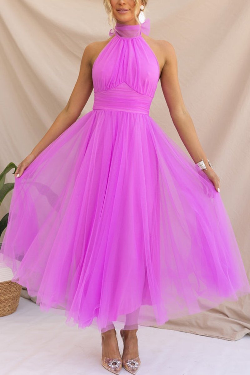 Women's Halter-Neck Tulle Midi Formal Dress Flowy A-Line