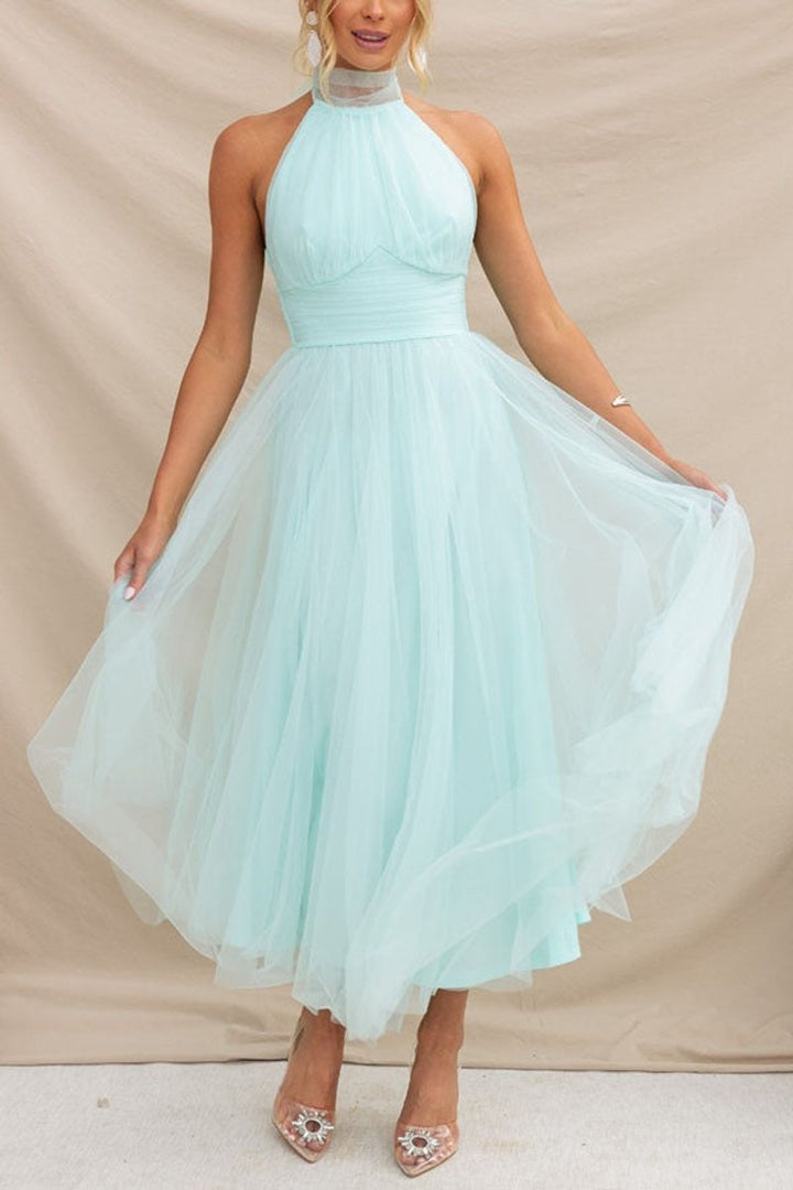 Women's Halter-Neck Tulle Midi Formal Dress Flowy A-Line