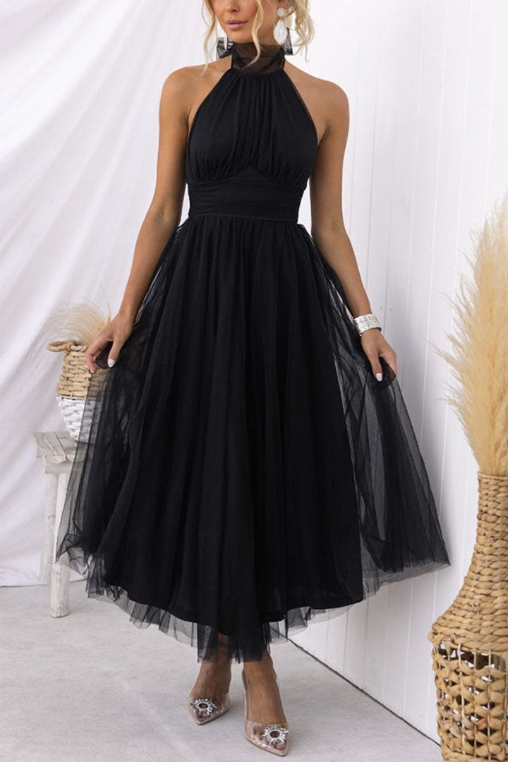 Women's Halter-Neck Tulle Midi Formal Dress Flowy A-Line