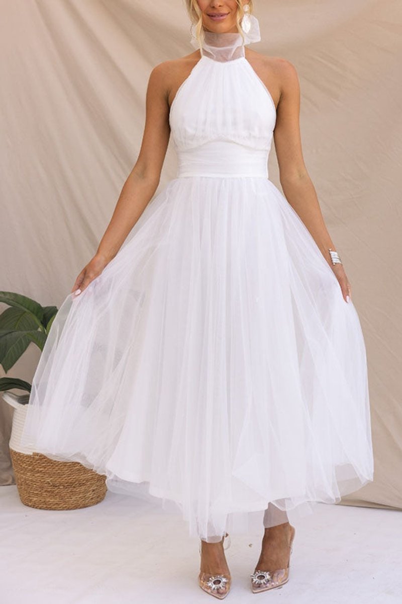 Women's Halter-Neck Tulle Midi Formal Dress Flowy A-Line