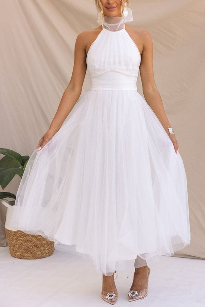 Women's Halter-Neck Tulle Midi Formal Dress Flowy A-Line