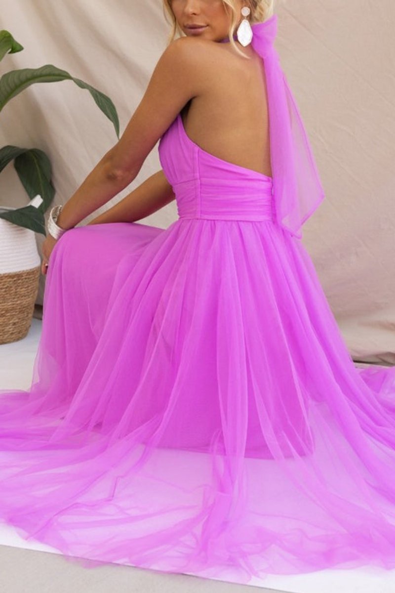 Women's Halter-Neck Tulle Midi Formal Dress Flowy A-Line