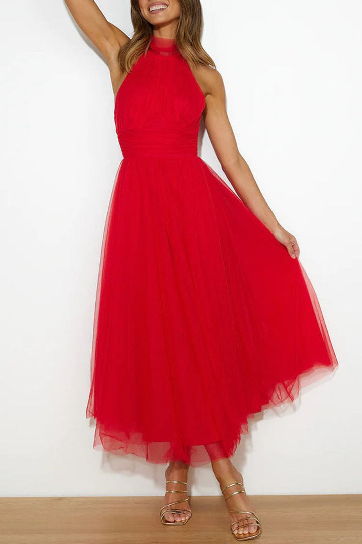 Women's Halter-Neck Tulle Midi Formal Dress Flowy A-Line