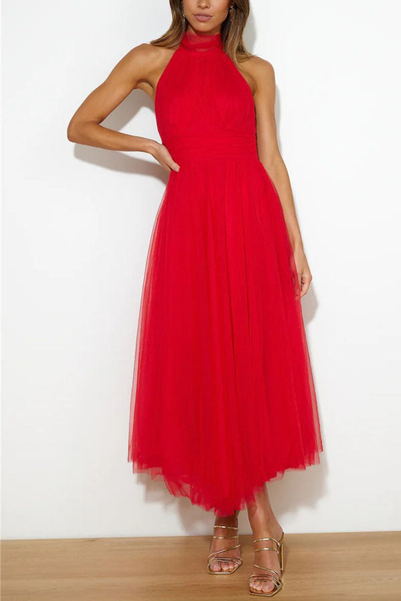 Women's Halter-Neck Tulle Midi Formal Dress Flowy A-Line