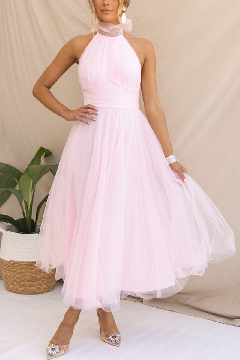 Women's Halter-Neck Tulle Midi Formal Dress Flowy A-Line