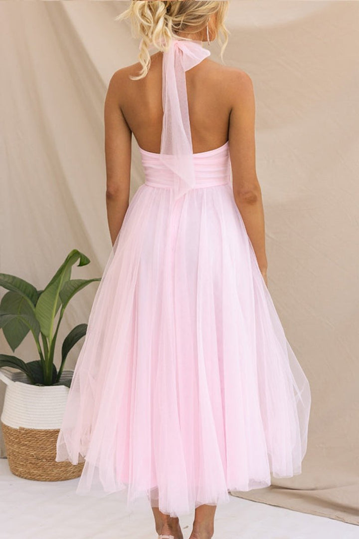 Women's Halter-Neck Tulle Midi Formal Dress Flowy A-Line