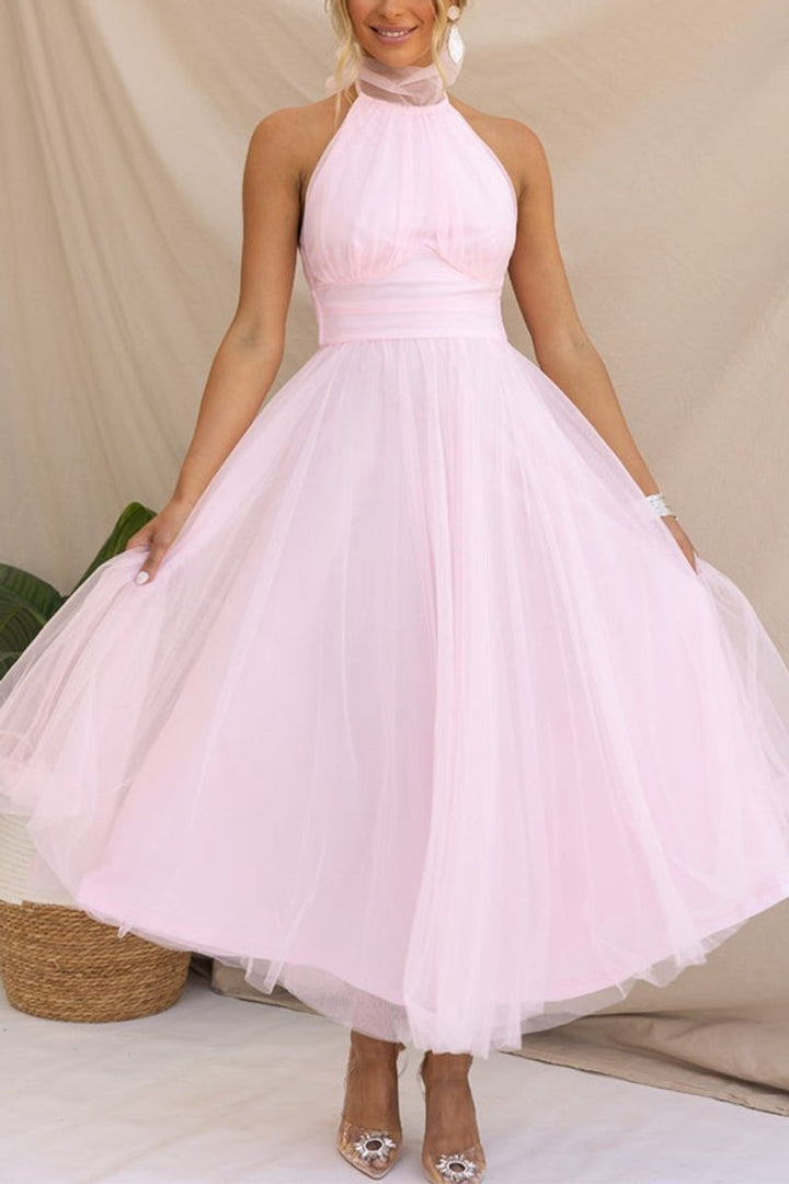 Women's Halter-Neck Tulle Midi Formal Dress Flowy A-Line