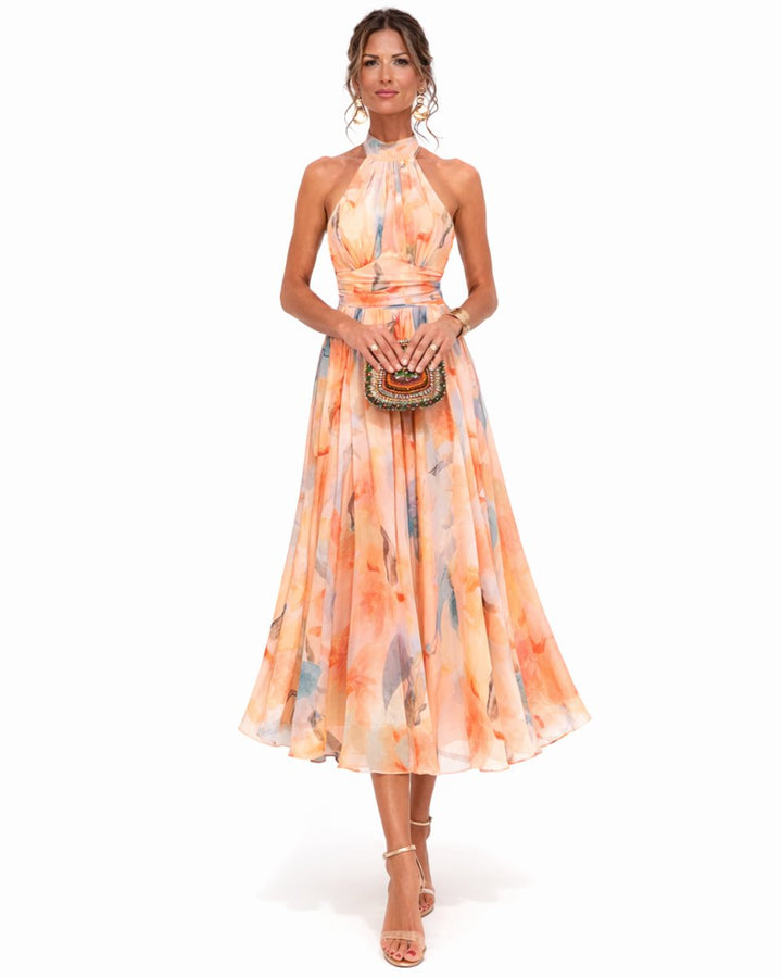 Women's Halter-Neck Watercolor Floral Chiffon Formal Dress