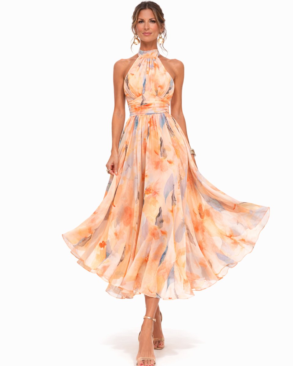 Women's Halter-Neck Watercolor Floral Chiffon Formal Dress