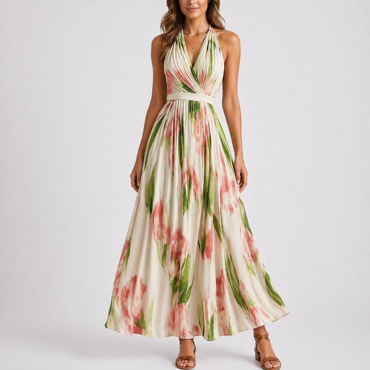 Women's Halter Neck Watercolor Floral Pleated Maxi Fall Wedding Guest Dress