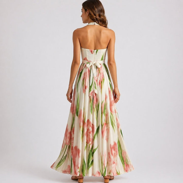 Women's Halter Neck Watercolor Floral Pleated Maxi Fall Wedding Guest Dress