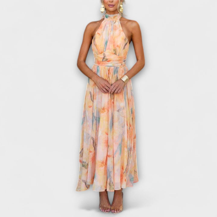 Women's Halter Neck Watercolor Print Formal Dress Chiffon Maxi