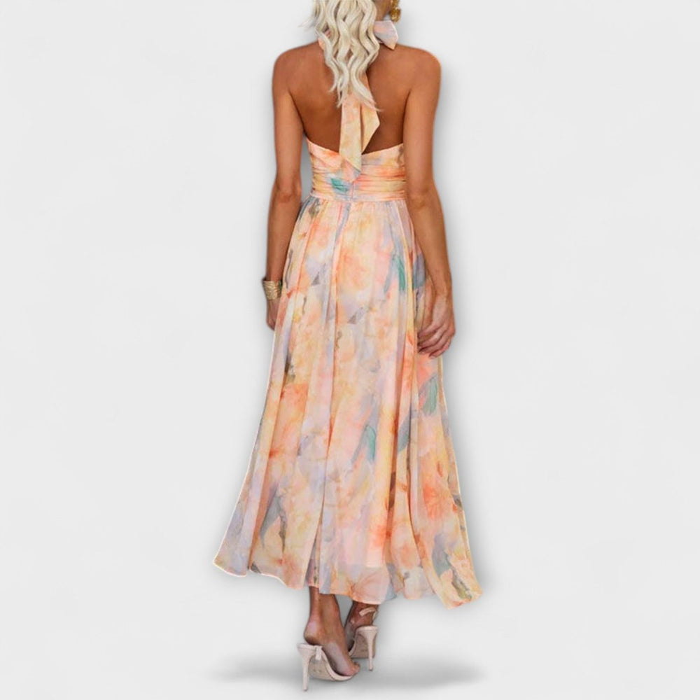 Women's Halter Neck Watercolor Print Formal Dress Chiffon Maxi