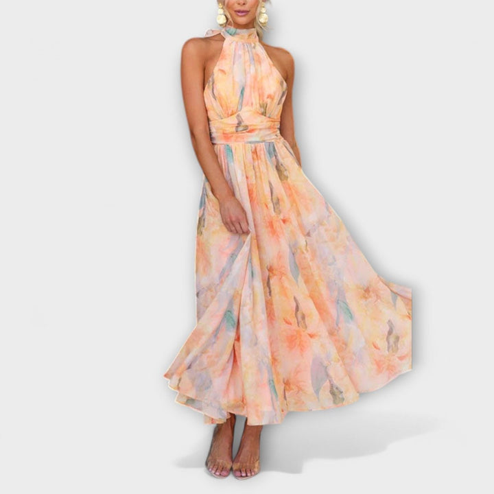 Women's Halter Neck Watercolor Print Formal Dress Chiffon Maxi