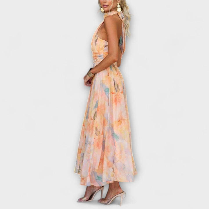 Women's Halter Neck Watercolor Print Formal Dress Chiffon Maxi