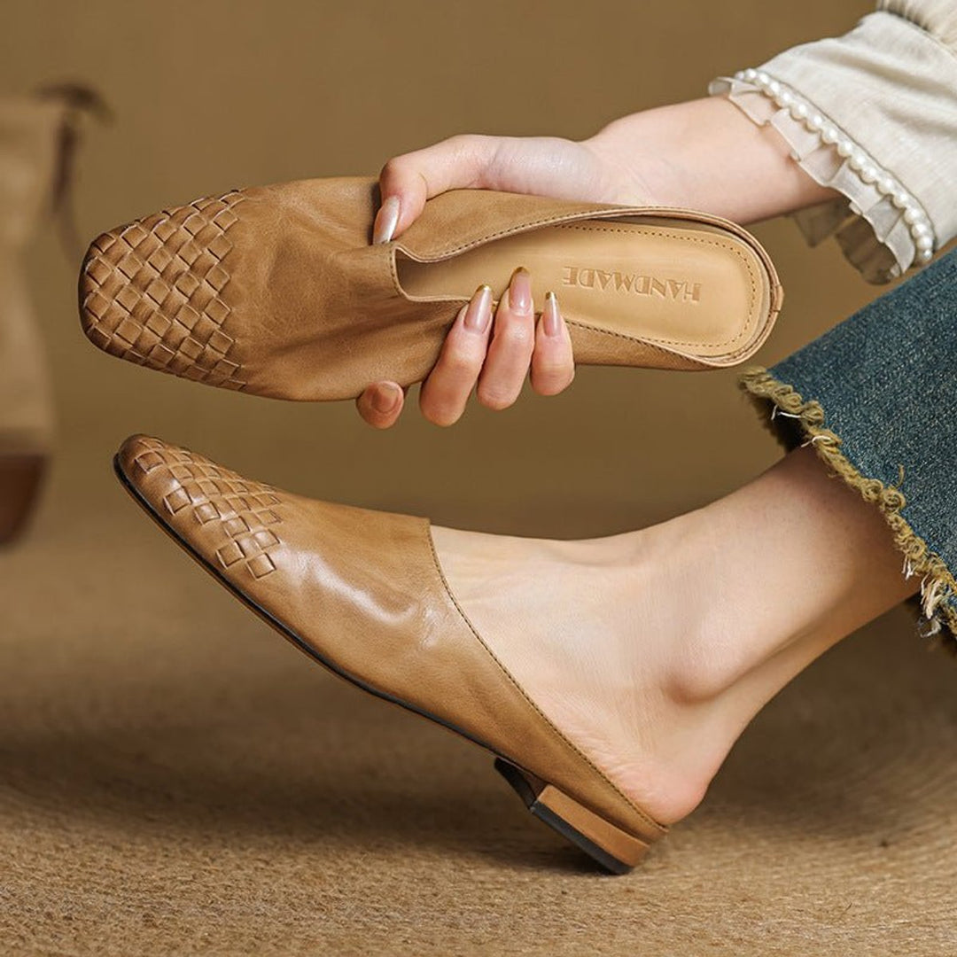 Women's Handmade Leather Woven Square-Toe Mules