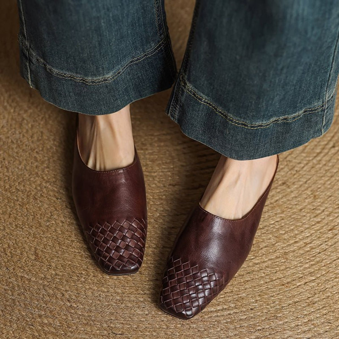 Women's Handmade Leather Woven Square-Toe Mules