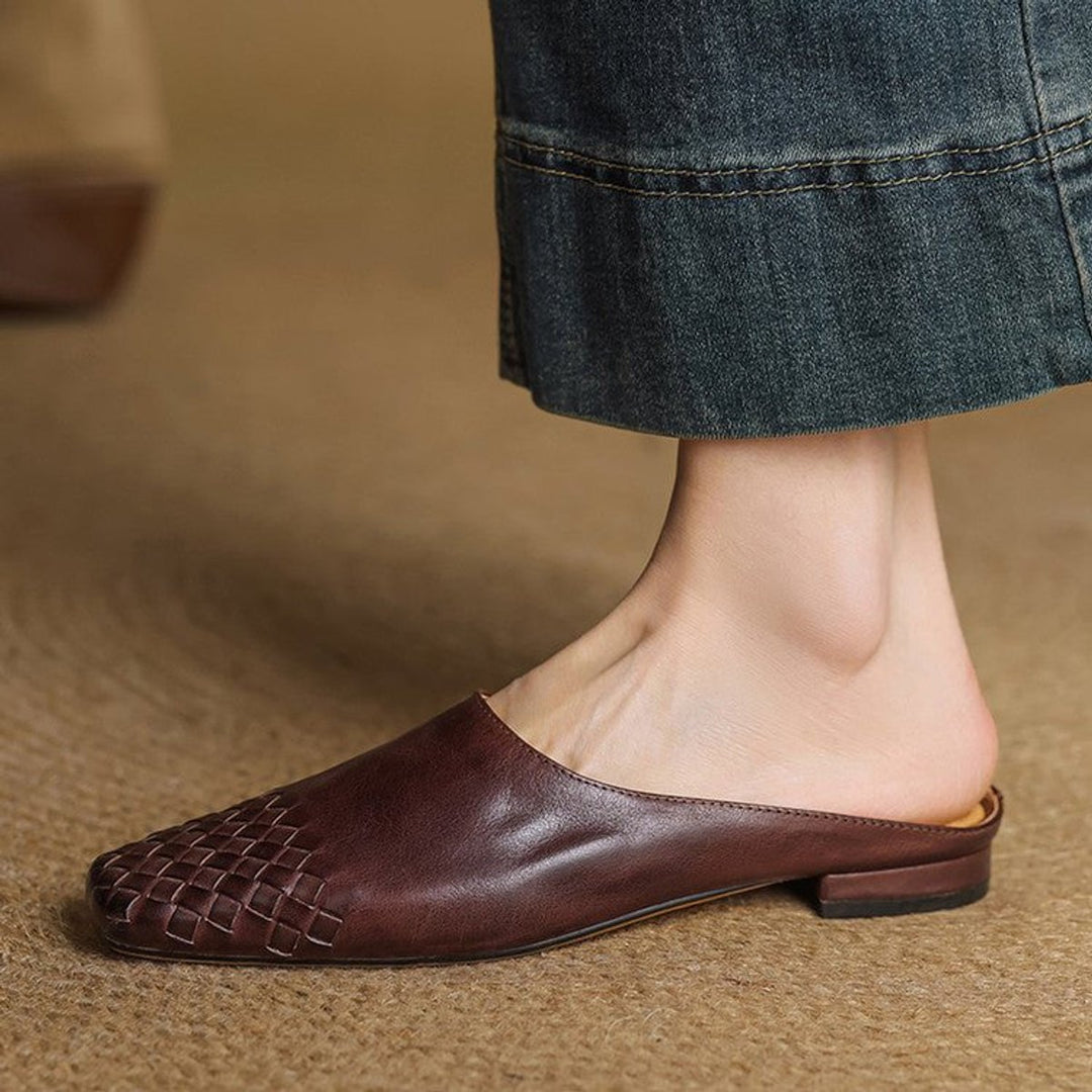 Women's Handmade Leather Woven Square-Toe Mules