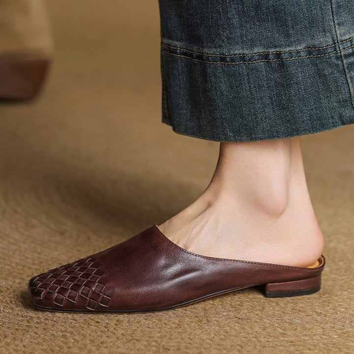 Women's Handmade Leather Woven Square-Toe Mules