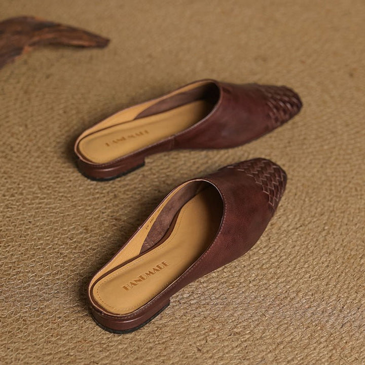 Women's Handmade Leather Woven Square-Toe Mules