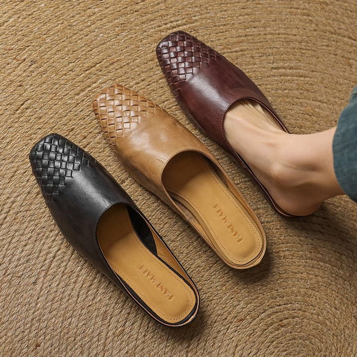 Women's Handmade Leather Woven Square-Toe Mules