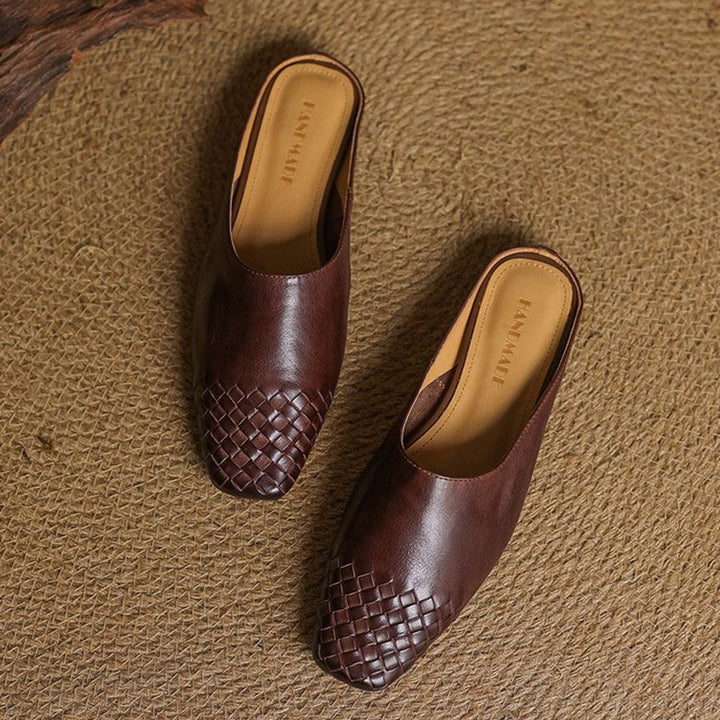 Women's Handmade Leather Woven Square-Toe Mules