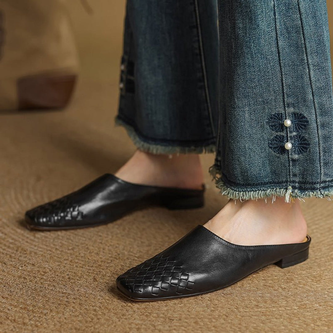 Women's Handmade Leather Woven Square-Toe Mules