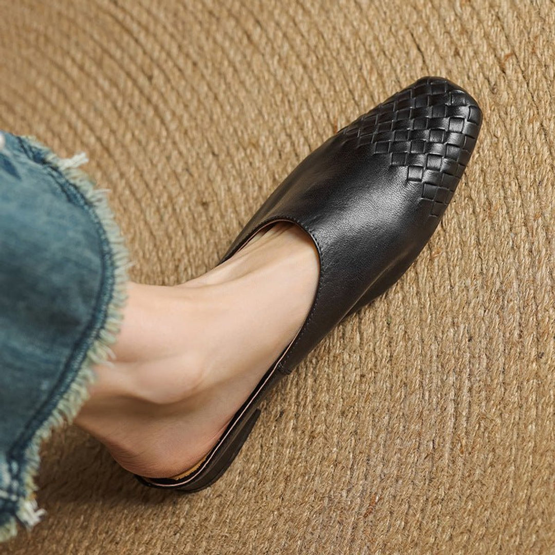 Women's Handmade Leather Woven Square-Toe Mules