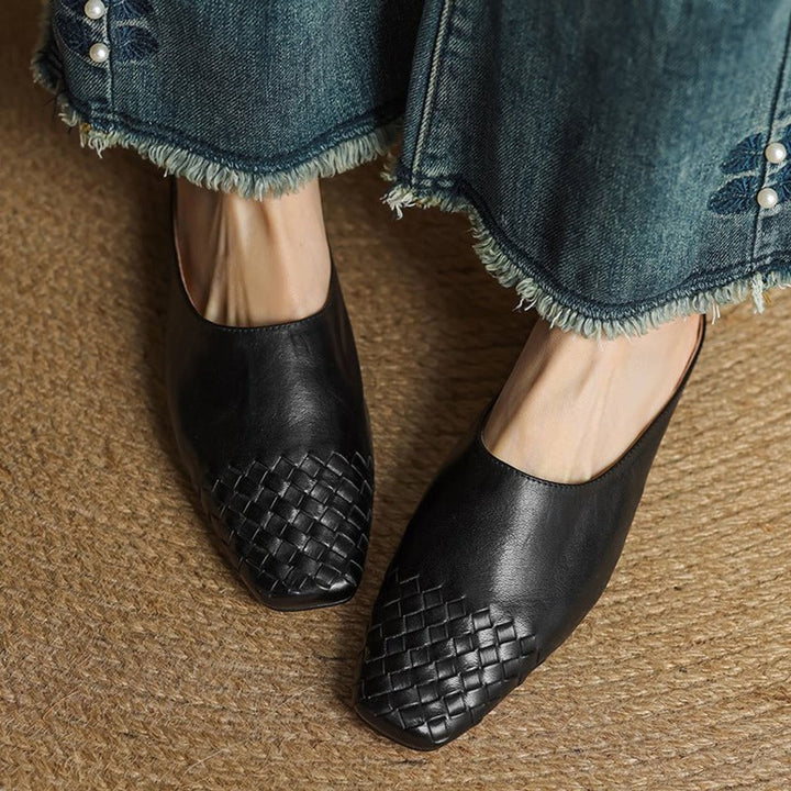 Women's Handmade Leather Woven Square-Toe Mules