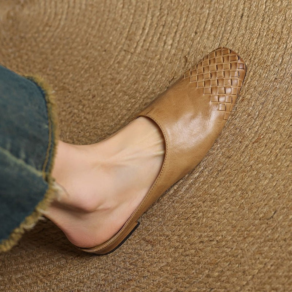 Women's Handmade Leather Woven Square-Toe Mules