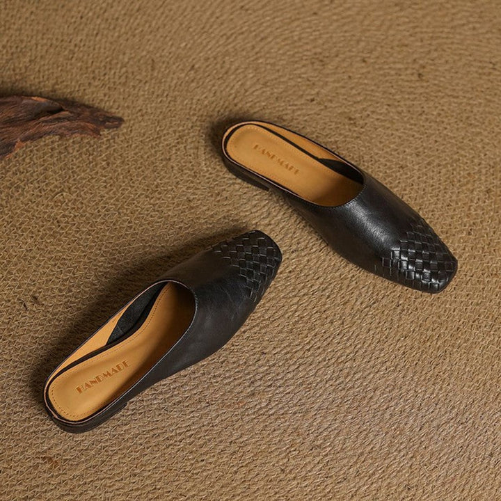 Women's Handmade Leather Woven Square-Toe Mules