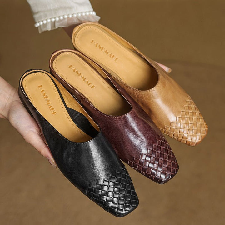 Women's Handmade Leather Woven Square-Toe Mules