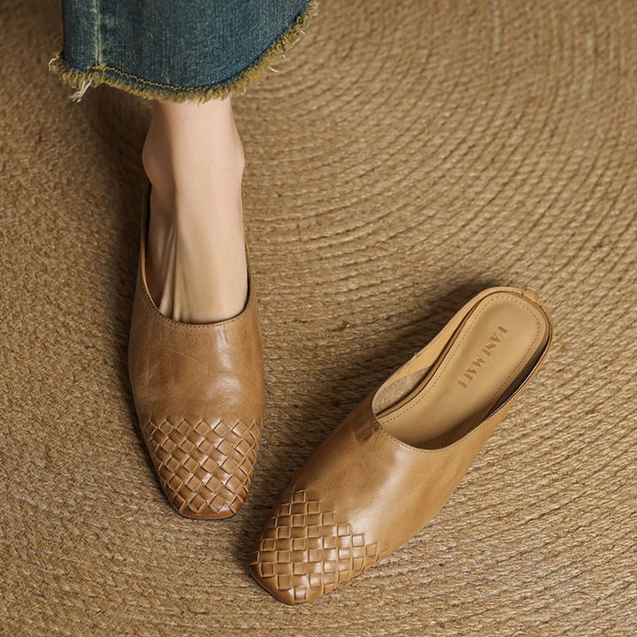 Women's Handmade Leather Woven Square-Toe Mules