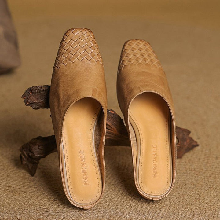 Women's Handmade Leather Woven Square-Toe Mules