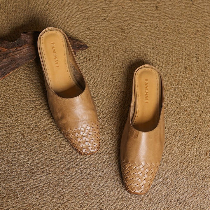 Women's Handmade Leather Woven Square-Toe Mules