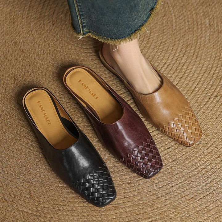 Women's Handmade Leather Woven Square-Toe Mules