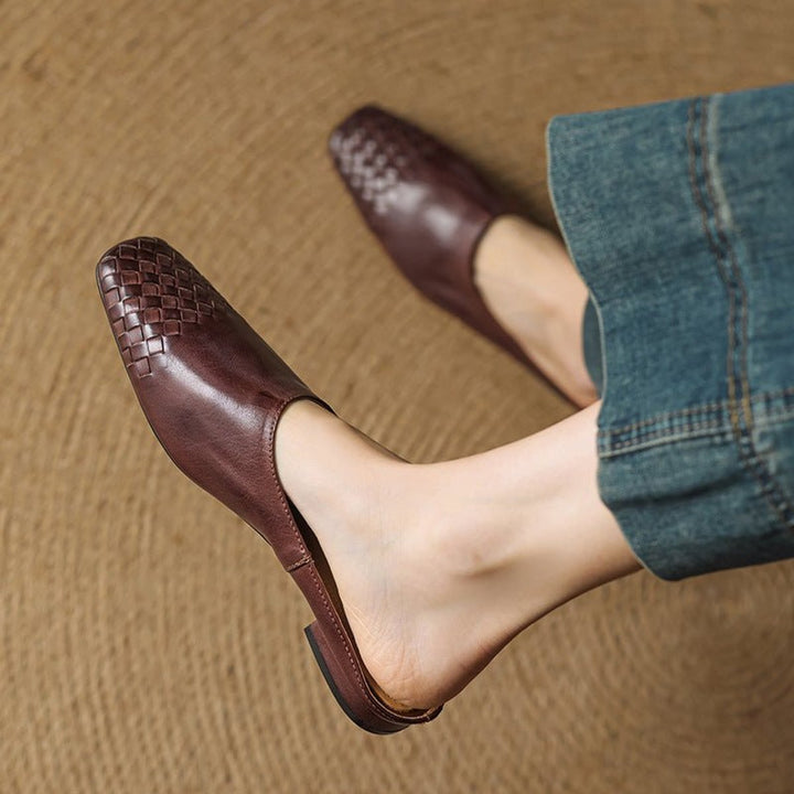 Women's Handmade Leather Woven Square-Toe Mules
