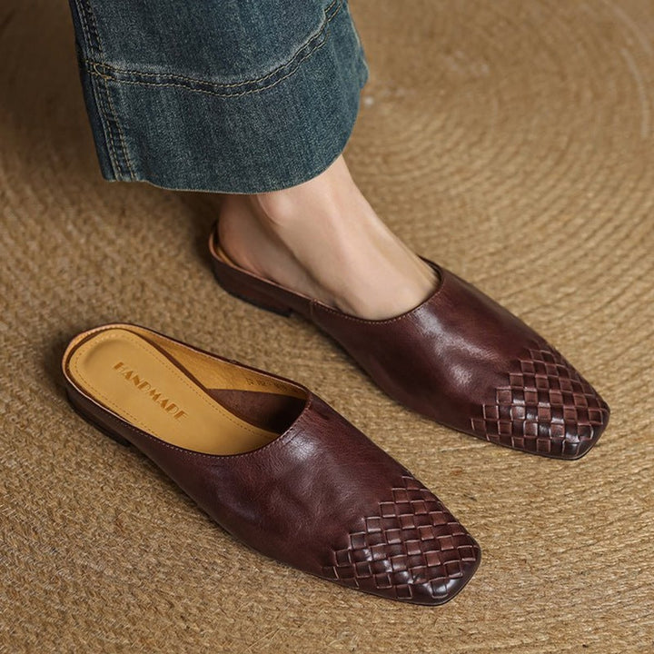 Women's Handmade Leather Woven Square-Toe Mules