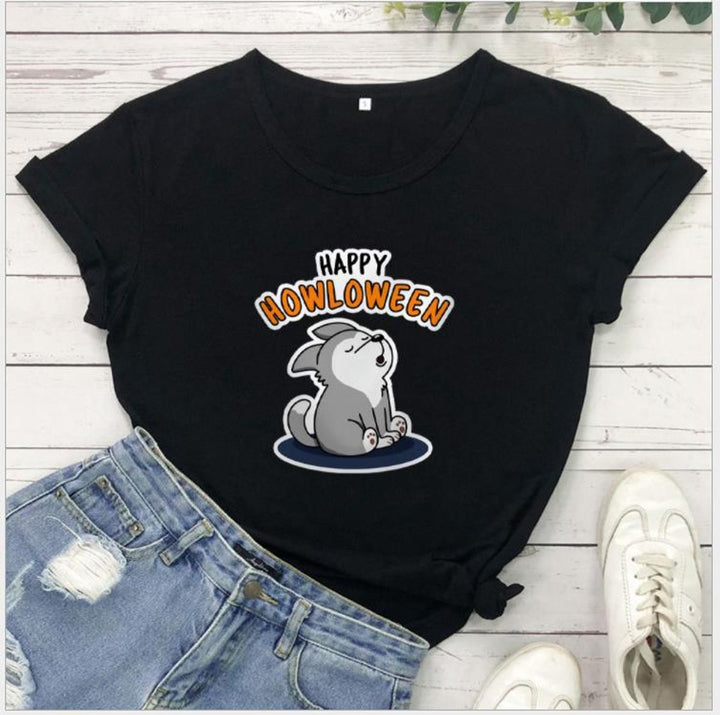 Women's Happy Howloween Graphic Halloween Cotton T-Shirt - Black