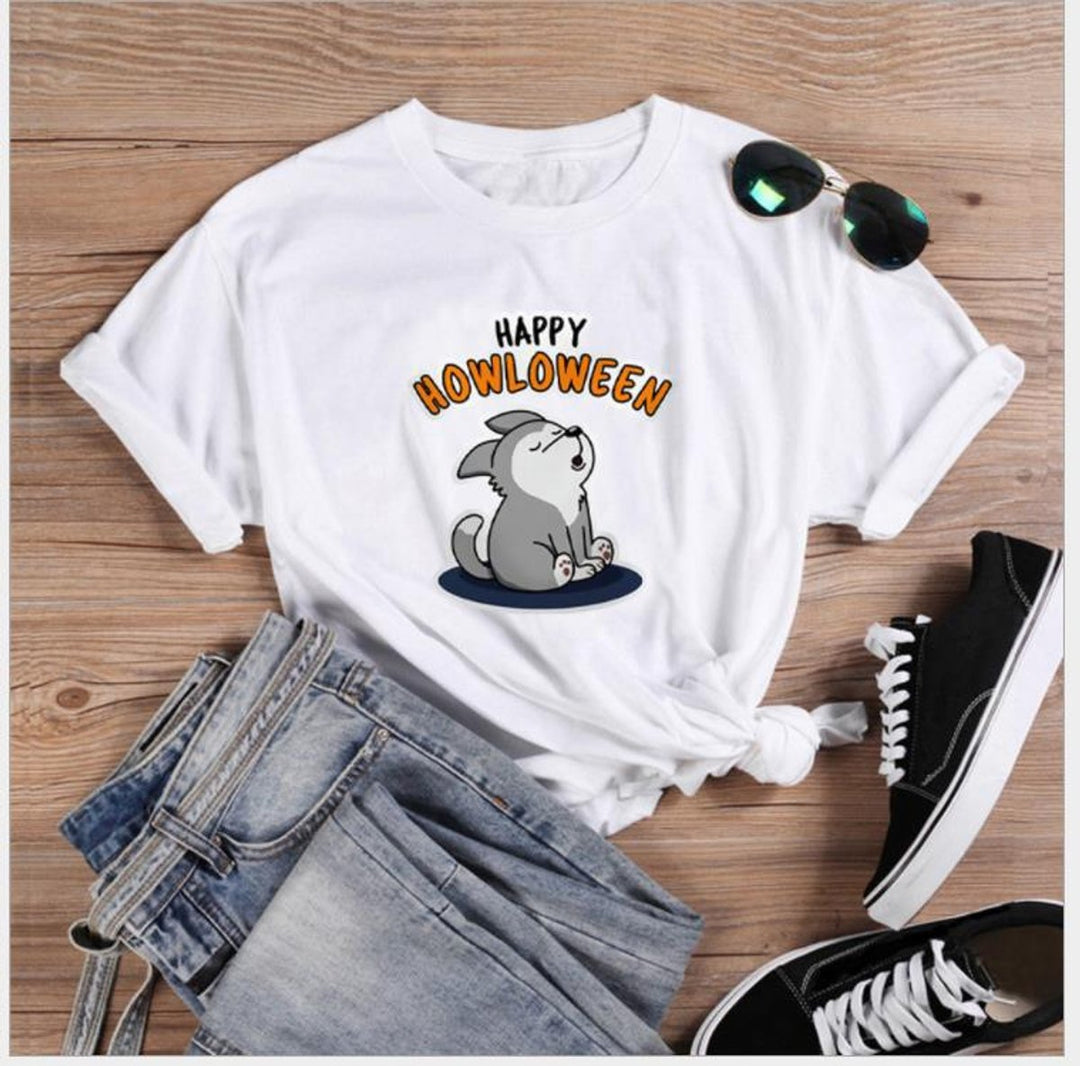 Women's Happy Howloween Graphic Halloween Cotton T-Shirt - White