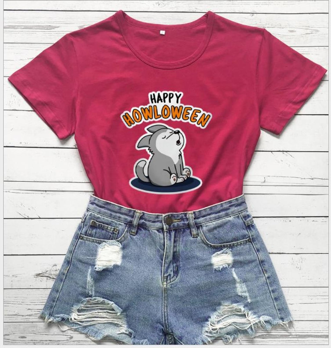 Women's Happy Howloween Graphic Halloween Cotton T-Shirt - Burgundy