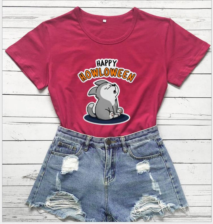 Women's Happy Howloween Graphic Halloween Cotton T-Shirt - Burgundy
