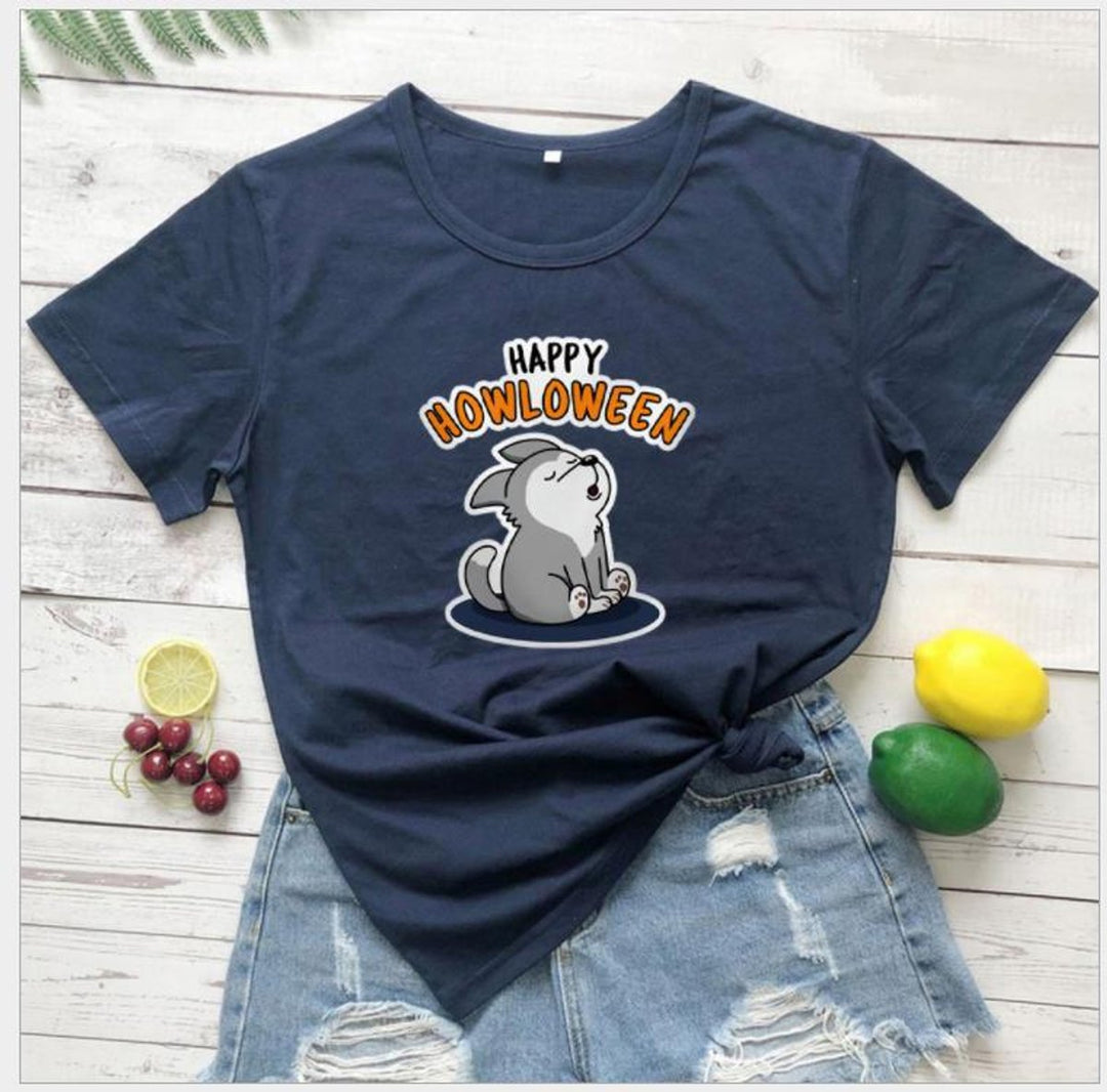 Women's Happy Howloween Graphic Halloween Cotton T-Shirt - Navy