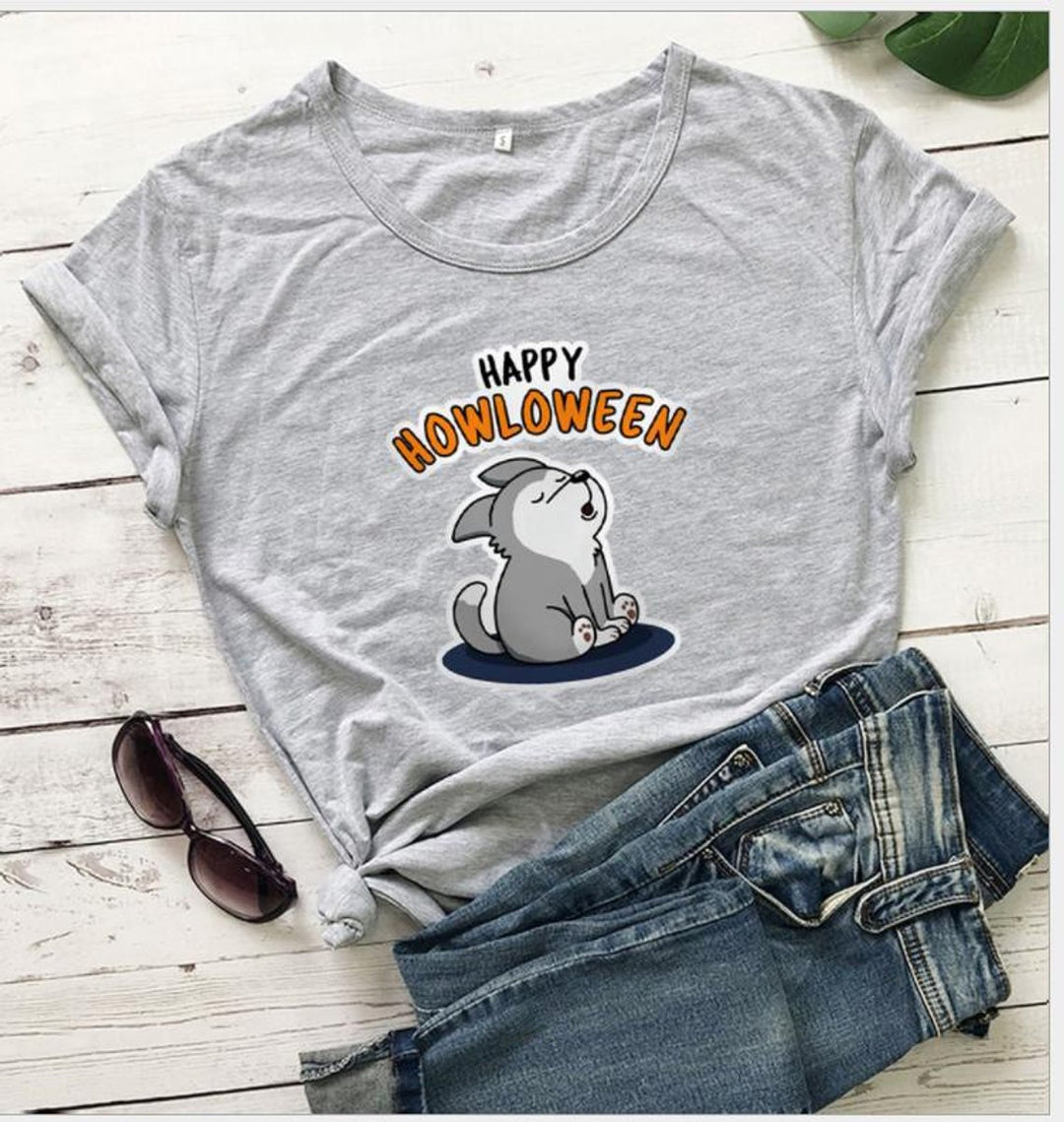 Women's Happy Howloween Graphic Halloween Cotton T-Shirt - Light Gray