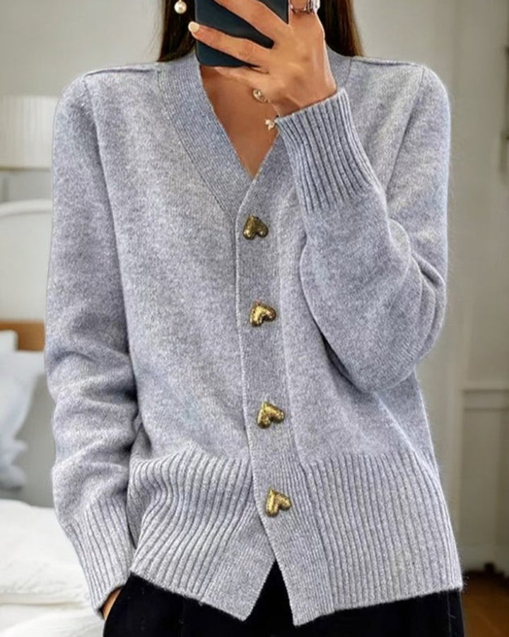 Women's Heart-Button Knit V-Neck Cardigan Sweater