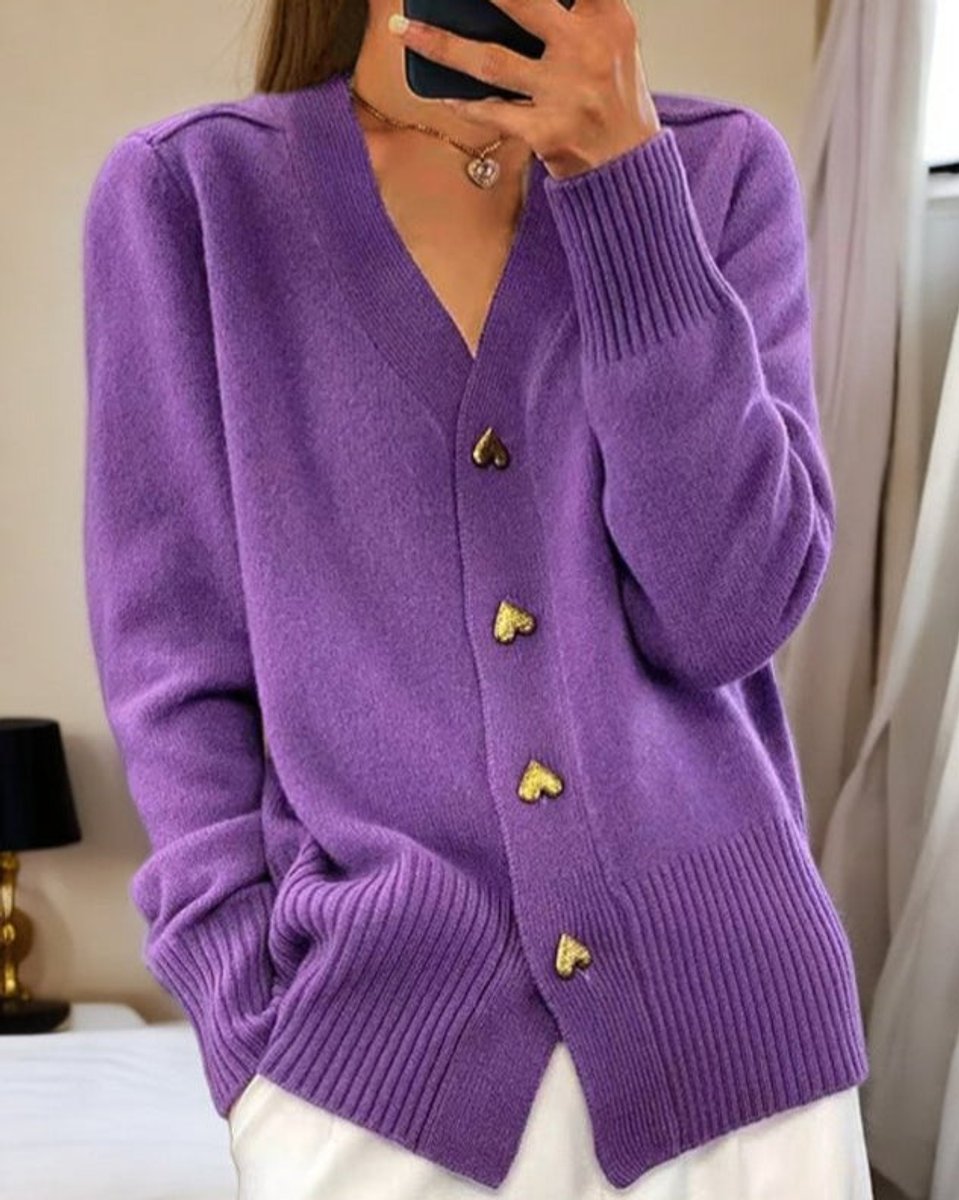 Women's Heart-Button Knit V-Neck Cardigan Sweater