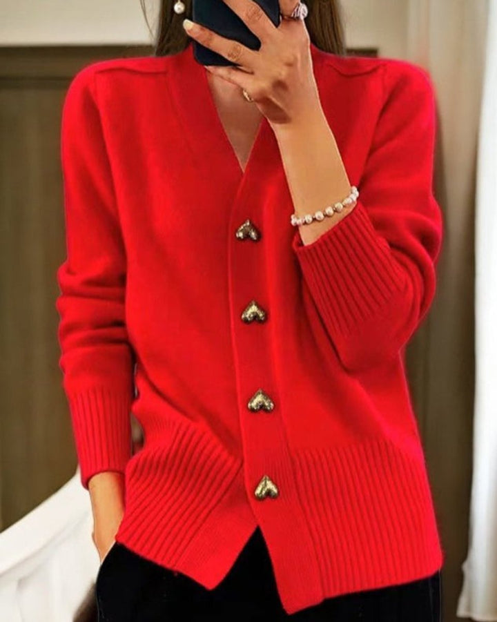 Women's Heart-Button Knit V-Neck Cardigan Sweater