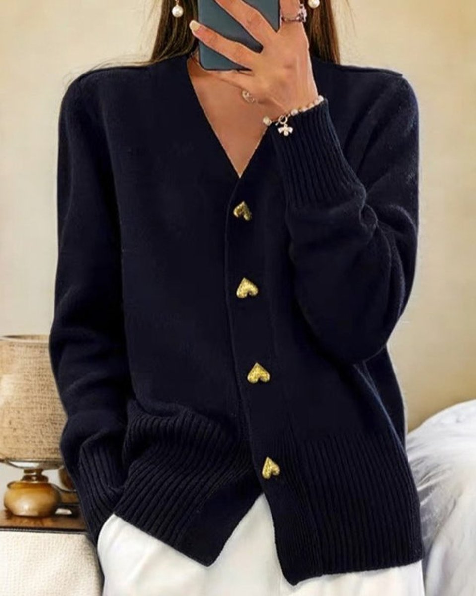 Women's Heart-Button Knit V-Neck Cardigan Sweater