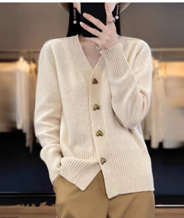 Women's Heart-Button Knit V-Neck Cardigan Sweater